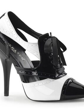 Pleaser Black and White Patent Lace-Up Pointed Toe Pumps